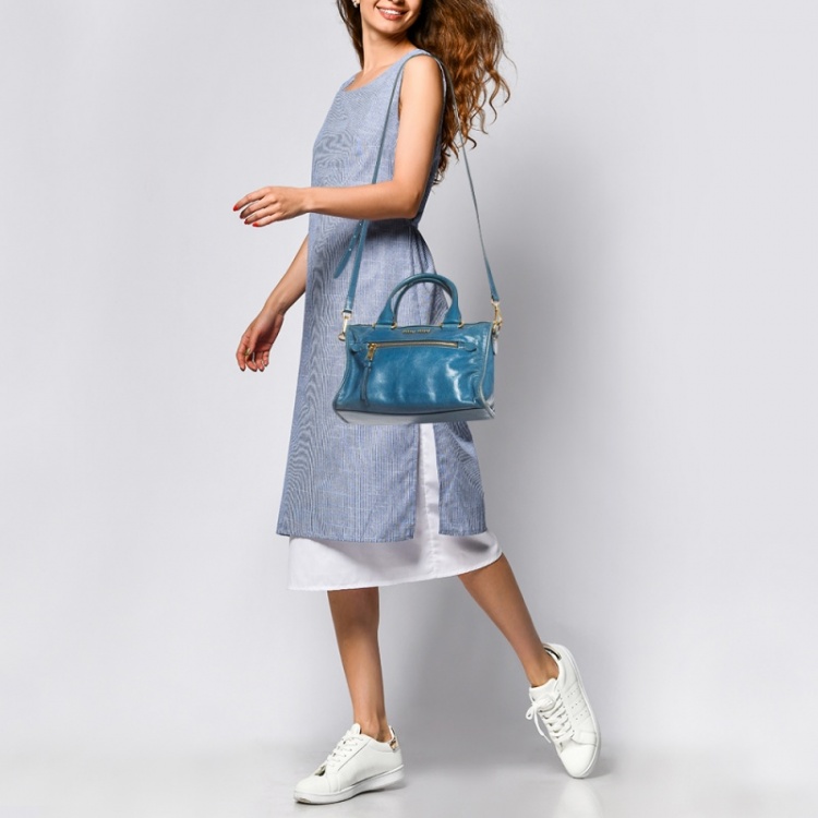 Pre Owned Miu Miu Blue Vitello Shine Leather Satchel