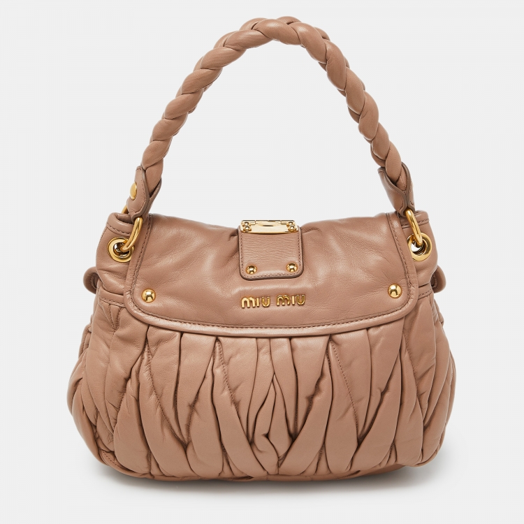 Pre Owned Miu Miu Beige Matelassé Leather Small Coffer Hobo