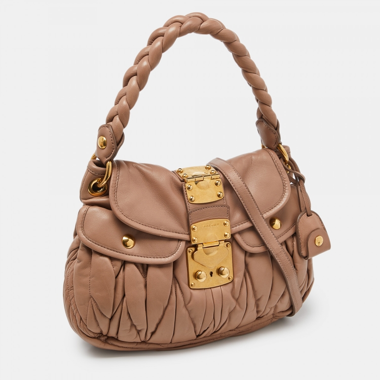 Pre Owned Miu Miu Beige Matelassé Leather Small Coffer Hobo
