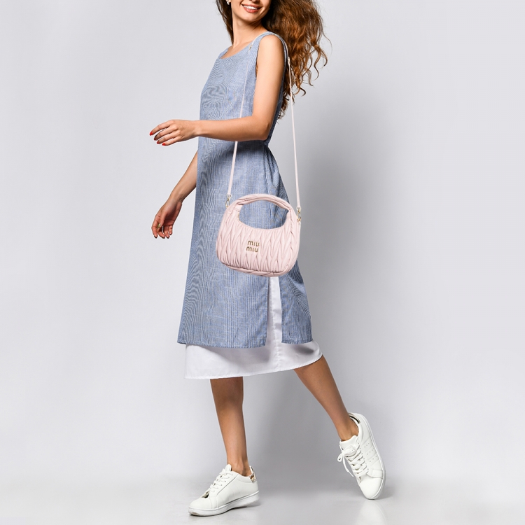 Pre Owned Miu Miu Pink Matelassé Leather Mini Wander Hobo