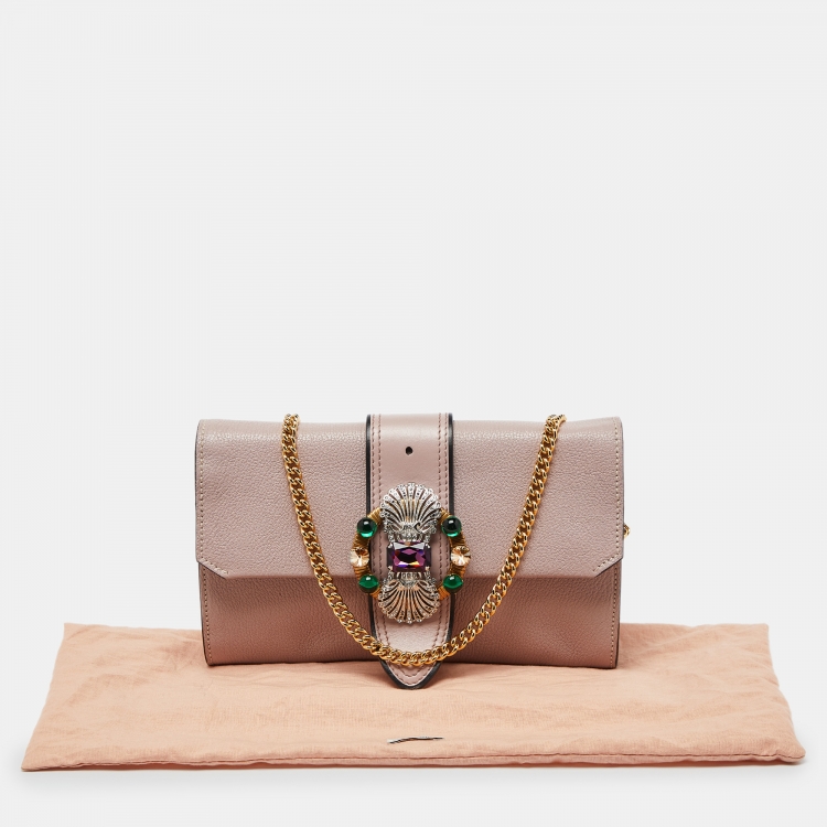 Pre Owned Miu Miu Dusty Pink Leather Crystal Embellished Buckle Flap Chain Clutch