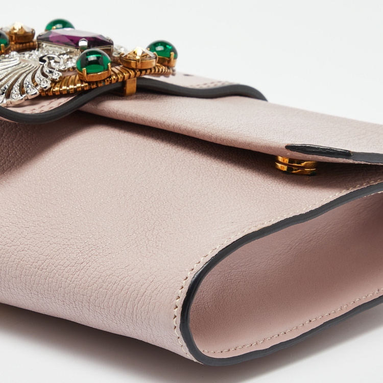 Pre Owned Miu Miu Dusty Pink Leather Crystal Embellished Buckle Flap Chain Clutch