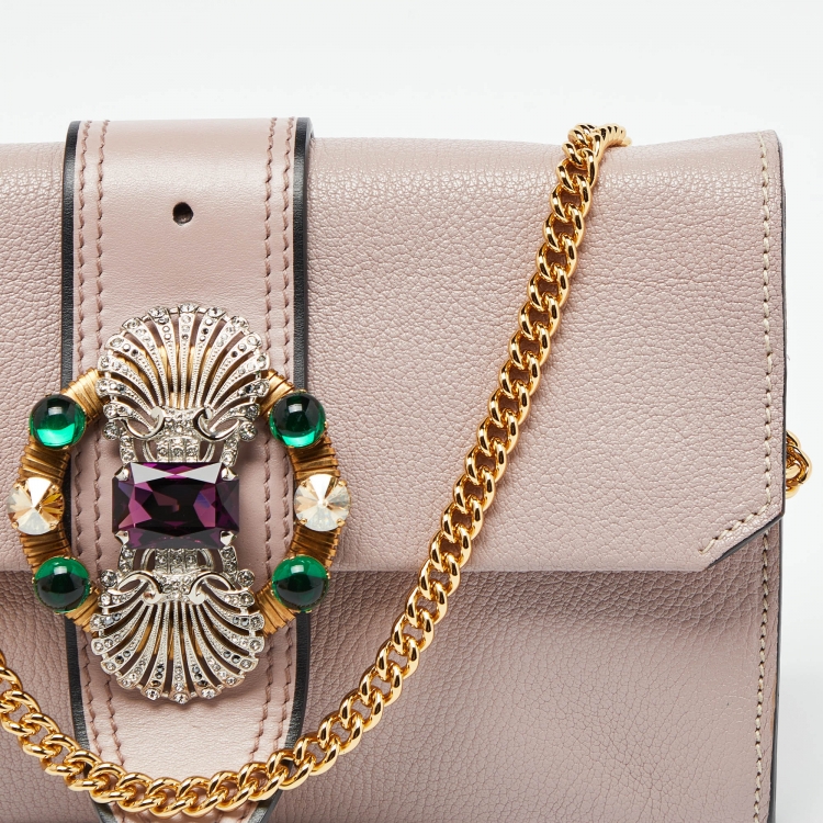 Pre Owned Miu Miu Dusty Pink Leather Crystal Embellished Buckle Flap Chain Clutch