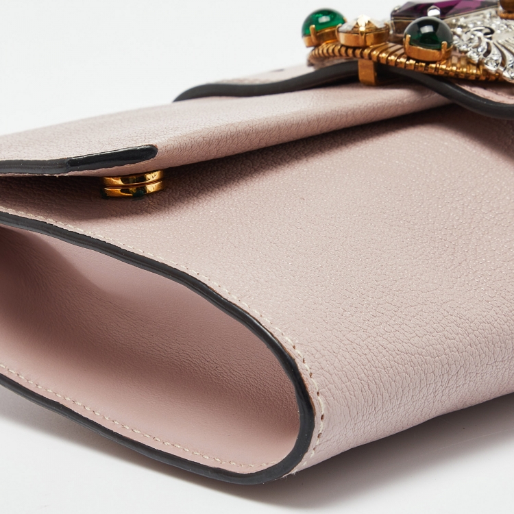 Pre Owned Miu Miu Dusty Pink Leather Crystal Embellished Buckle Flap Chain Clutch