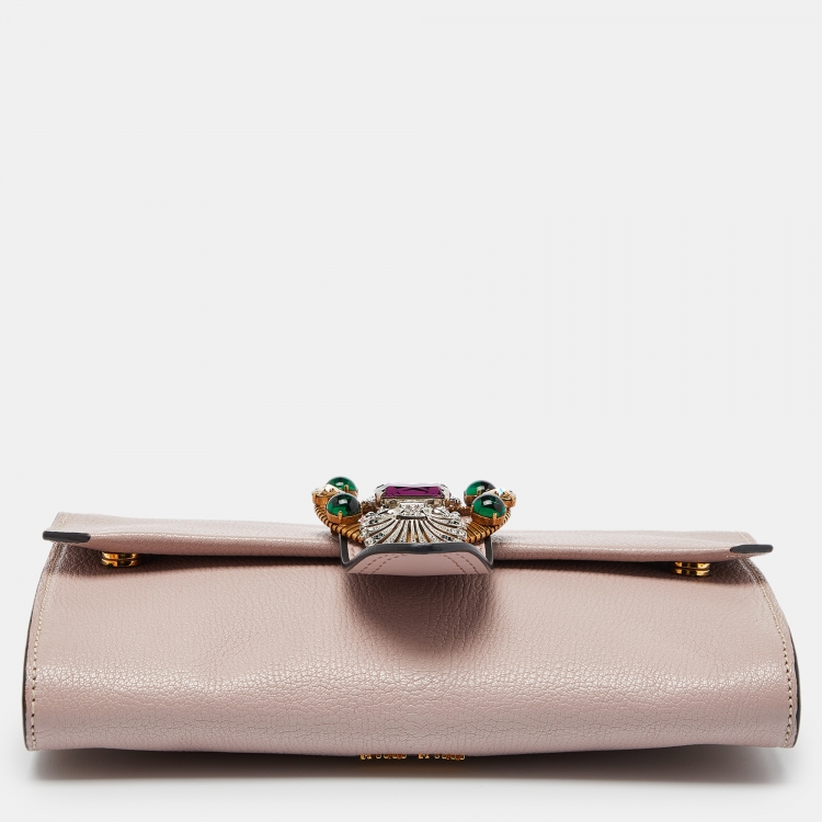 Pre Owned Miu Miu Dusty Pink Leather Crystal Embellished Buckle Flap Chain Clutch