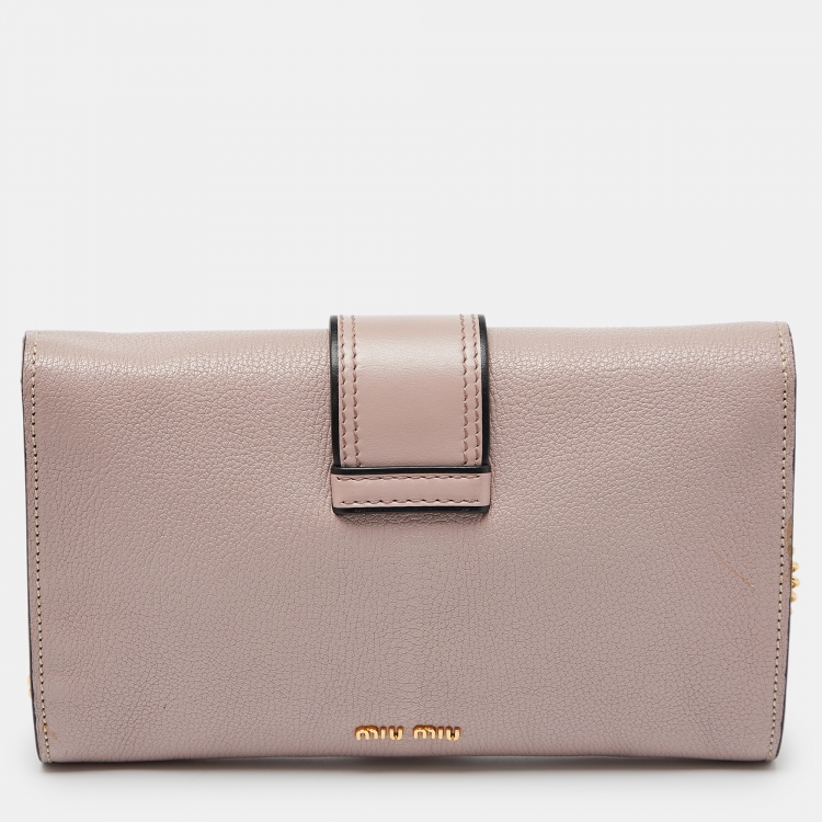 Pre Owned Miu Miu Dusty Pink Leather Crystal Embellished Buckle Flap Chain Clutch