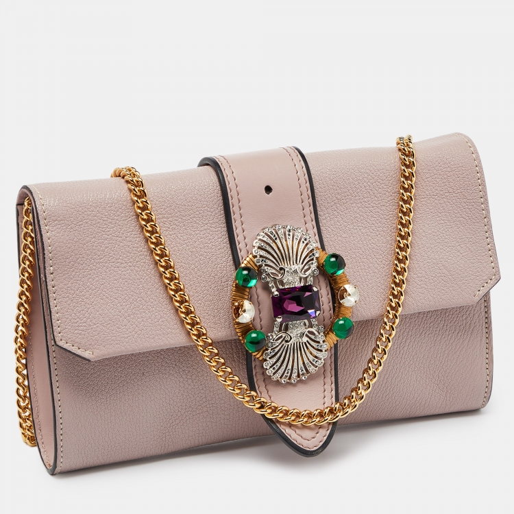 Pre Owned Miu Miu Dusty Pink Leather Crystal Embellished Buckle Flap Chain Clutch