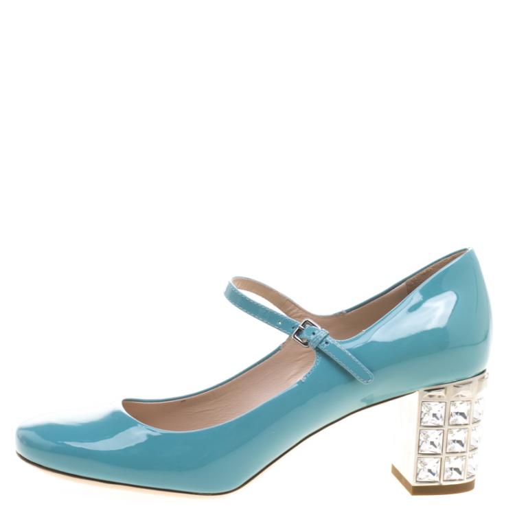 مملوكة مسبقًا Miu Miu Blue Patent Leather Crystal Embellished Heel Mary Jane Pumps Size 38