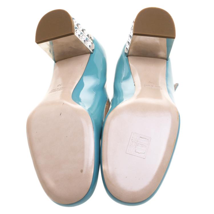 مملوكة مسبقًا Miu Miu Blue Patent Leather Crystal Embellished Heel Mary Jane Pumps Size 38