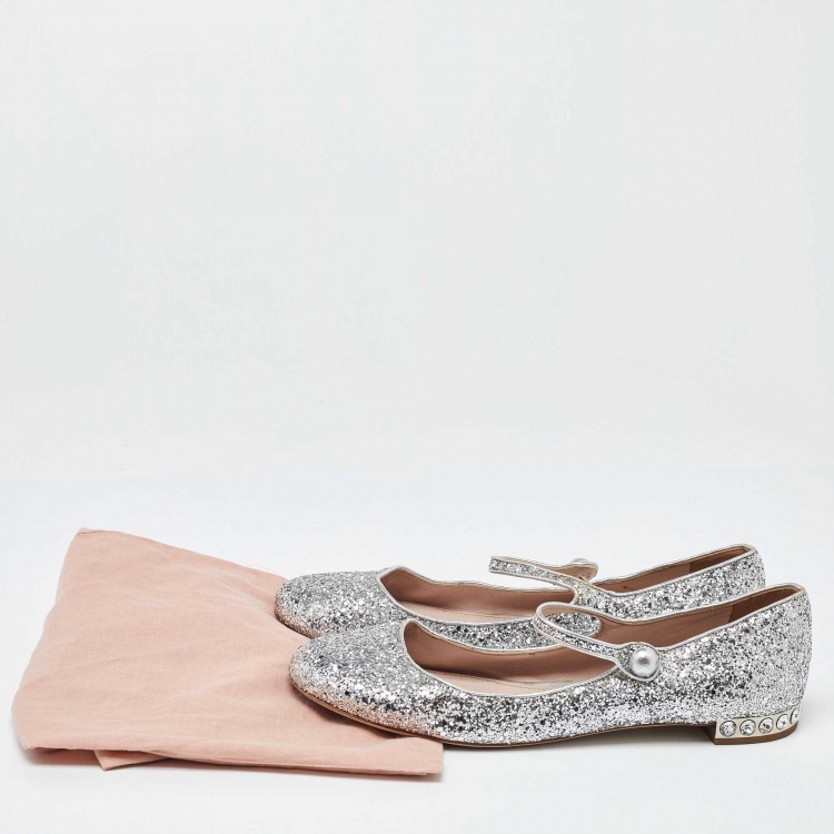 Pre Owned Miu Miu Silver Glitter Mary Jane Ballet Flats Size 41
