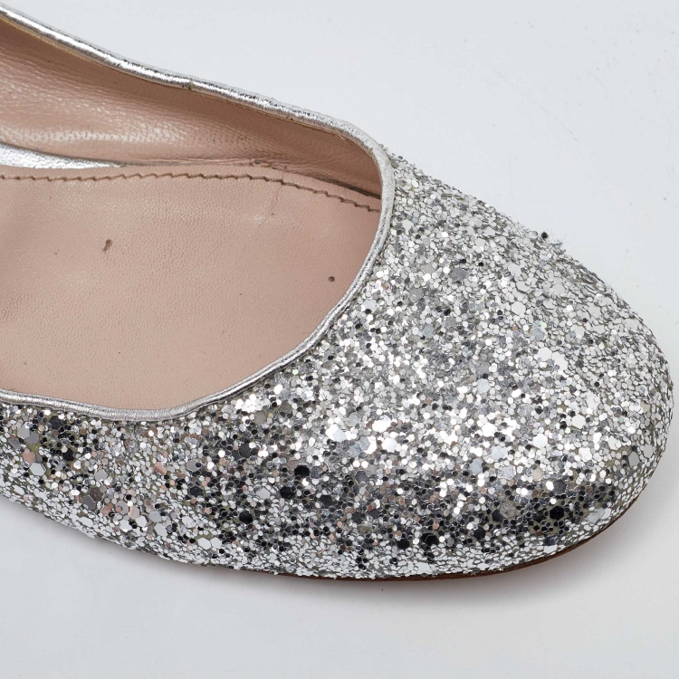 Pre Owned Miu Miu Silver Glitter Mary Jane Ballet Flats Size 41
