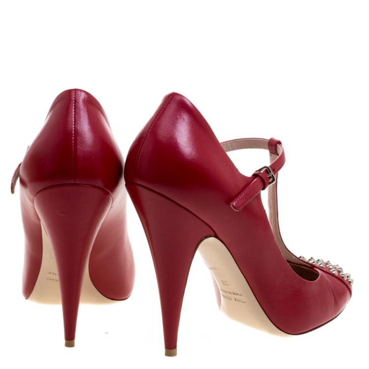 Pre Owned Miu Miu Red Studded Leather Mary Jane Pumps Size 39