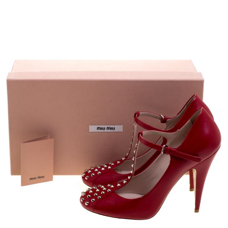 Pre Owned Miu Miu Red Studded Leather Mary Jane Pumps Size 39