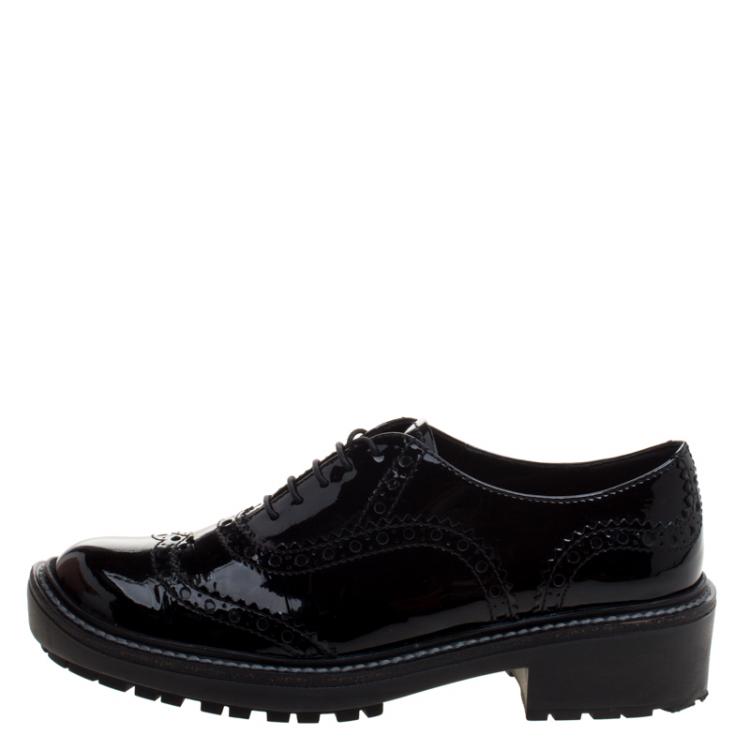 Pre Owned Miu Miu Black Patent Brogue Leather Oxfords Size 38.5