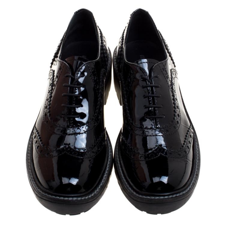 Pre Owned Miu Miu Black Patent Brogue Leather Oxfords Size 38.5