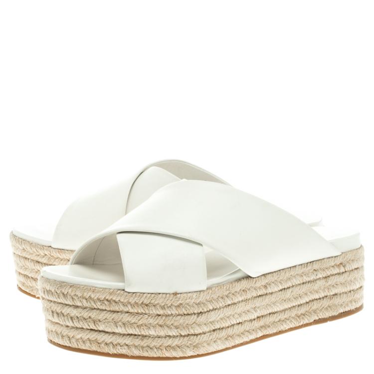 Pre Owned Miu Miu White Leather Cross Strap Espadrille Platform Sandals Size 36.5