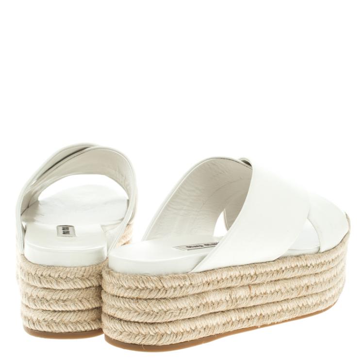 Pre Owned Miu Miu White Leather Cross Strap Espadrille Platform Sandals Size 36.5