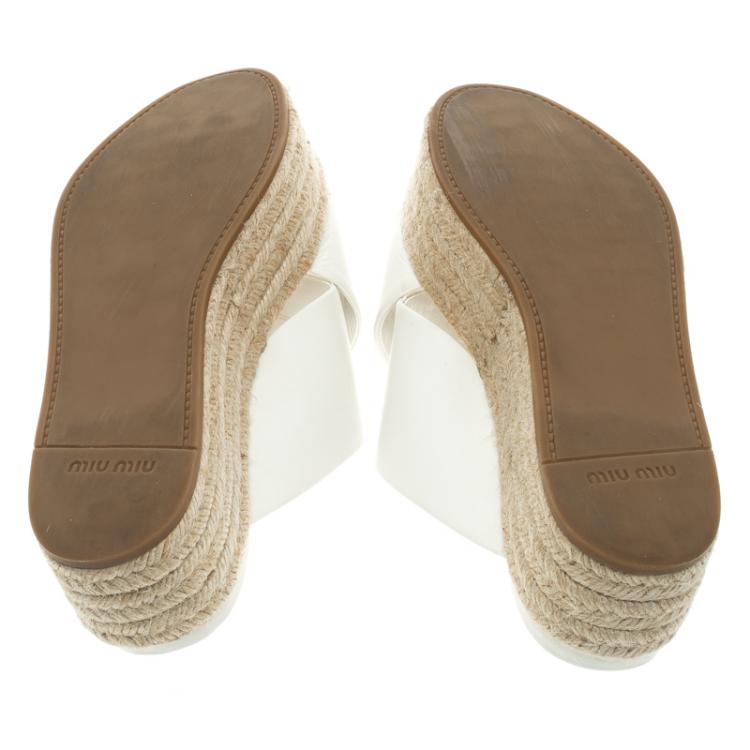 Pre Owned Miu Miu White Leather Cross Strap Espadrille Platform Sandals Size 36.5