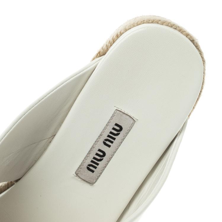Pre Owned Miu Miu White Leather Cross Strap Espadrille Platform Sandals Size 36.5
