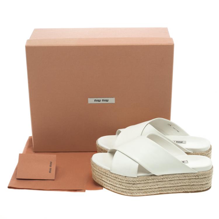 Pre Owned Miu Miu White Leather Cross Strap Espadrille Platform Sandals Size 36.5