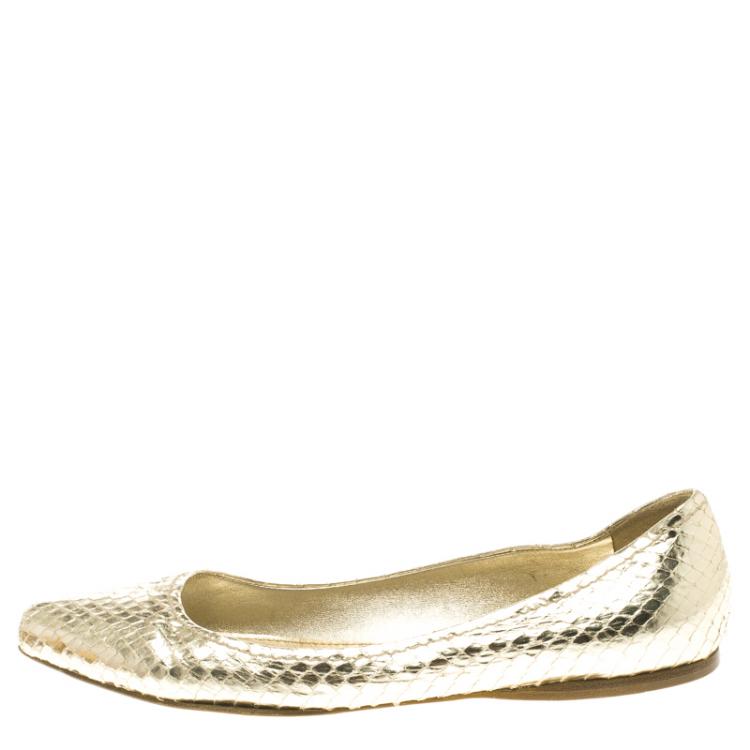 Pre Owned Miu Miu Gold Metallic Python Leather Ballet Flats Size 37.5