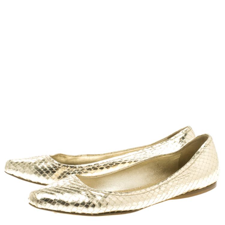 Pre Owned Miu Miu Gold Metallic Python Leather Ballet Flats Size 37.5