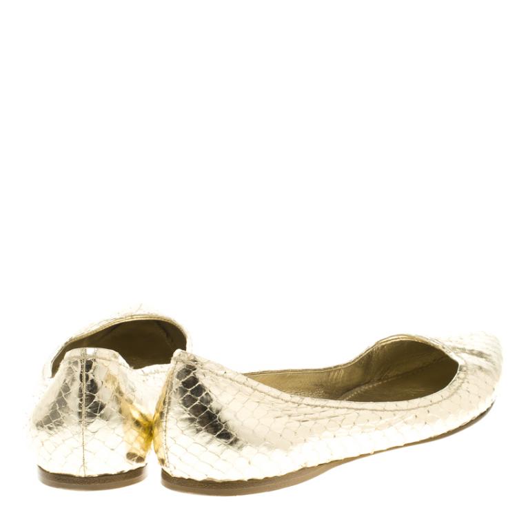 Pre Owned Miu Miu Gold Metallic Python Leather Ballet Flats Size 37.5