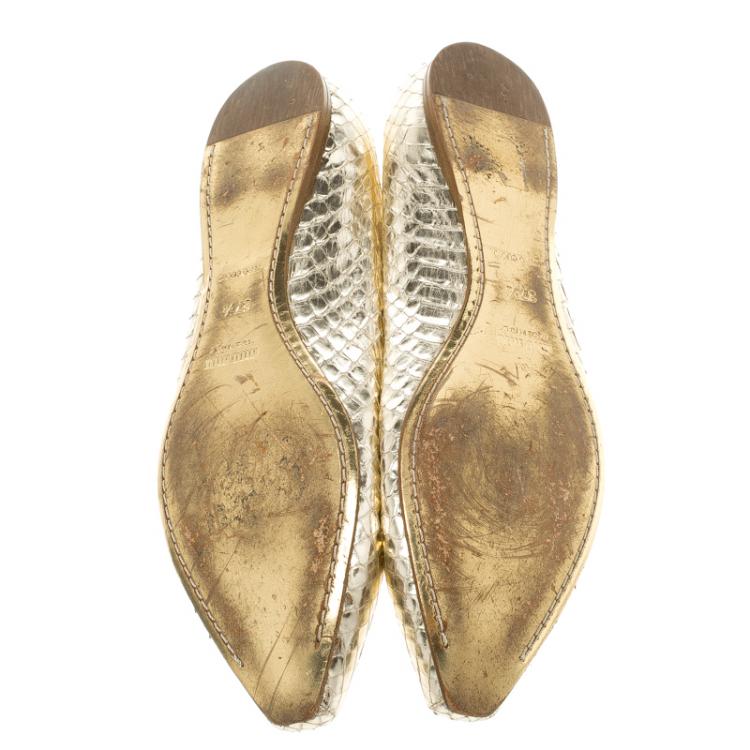 Pre Owned Miu Miu Gold Metallic Python Leather Ballet Flats Size 37.5