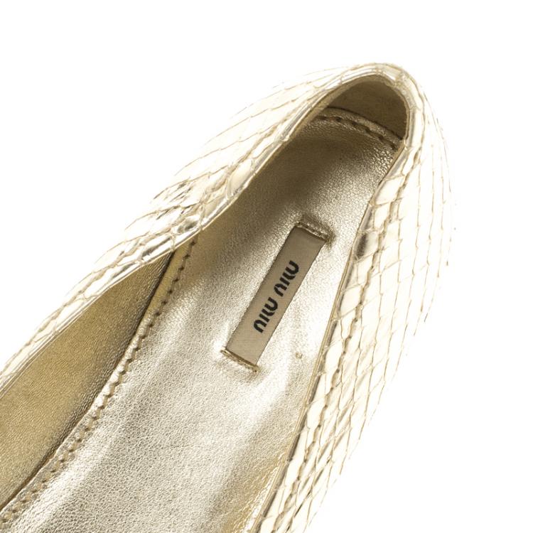 Pre Owned Miu Miu Gold Metallic Python Leather Ballet Flats Size 37.5