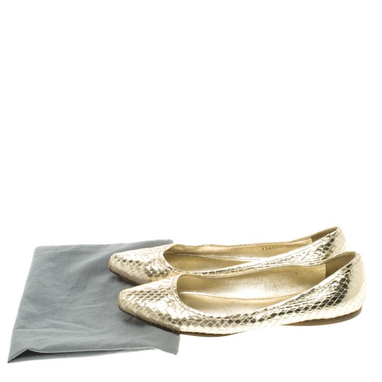Pre Owned Miu Miu Gold Metallic Python Leather Ballet Flats Size 37.5