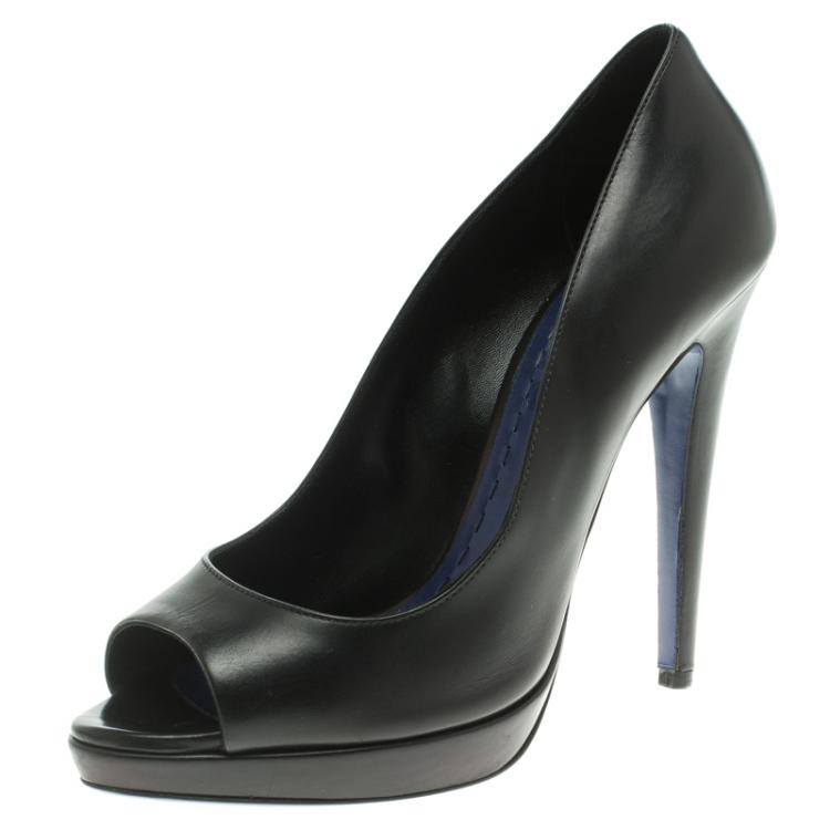 Pre Owned Miu Miu Black Leather Peep Toe Platform Pumps Size 38