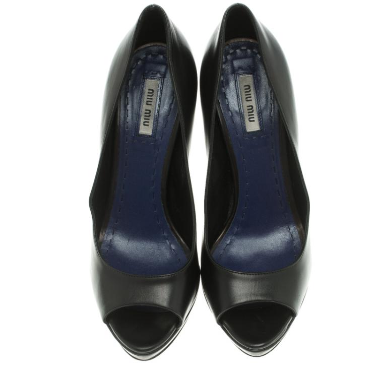 Pre Owned Miu Miu Black Leather Peep Toe Platform Pumps Size 38