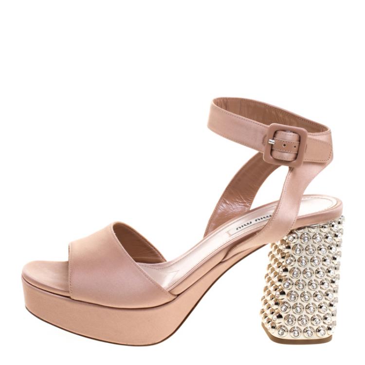 Pre Owned Miu Miu Blush Pink Satin Crystal Embellished Block Heel Ankle Strap Sandals Size 40