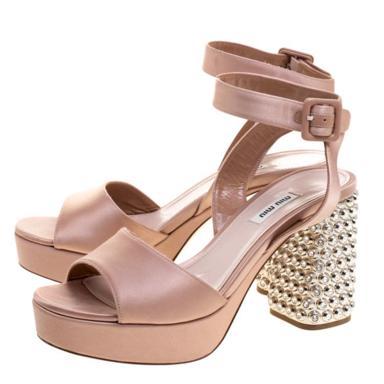 Pre Owned Miu Miu Blush Pink Satin Crystal Embellished Block Heel Ankle Strap Sandals Size 40