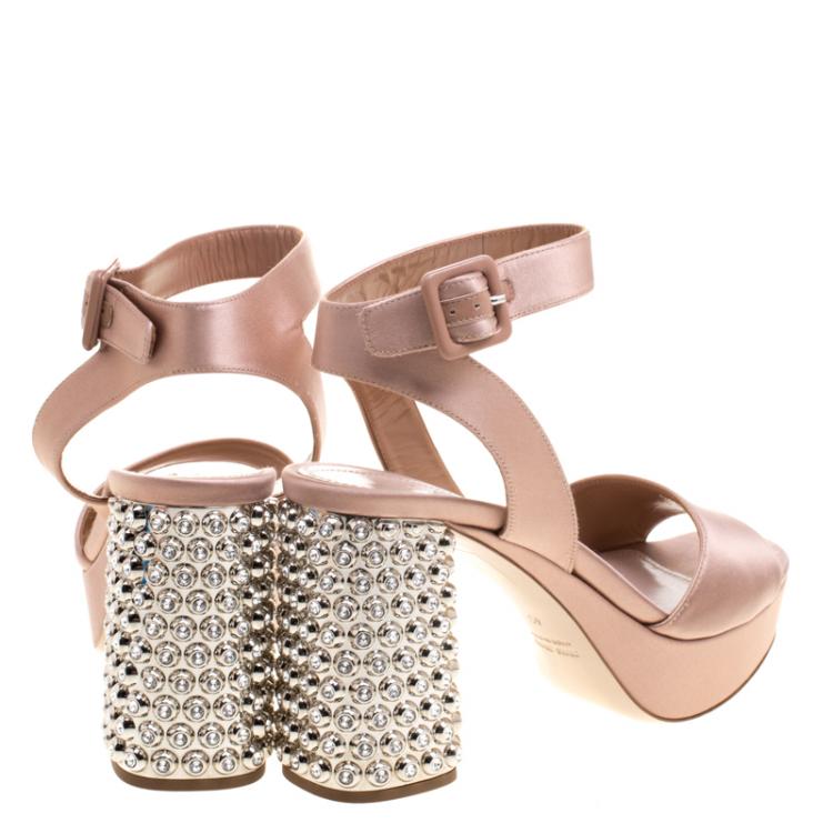 Pre Owned Miu Miu Blush Pink Satin Crystal Embellished Block Heel Ankle Strap Sandals Size 40