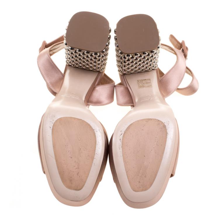 Pre Owned Miu Miu Blush Pink Satin Crystal Embellished Block Heel Ankle Strap Sandals Size 40