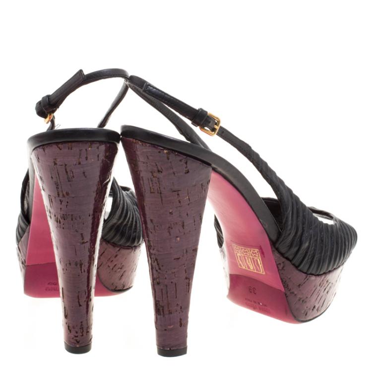 Pre Owned Miu Miu Black Pleated Leather Peep Toe Platform Slingback Sandals Size 39