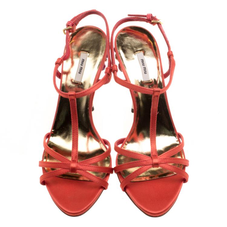 Pre Owned Miu Miu Orange Satin Crystal Embellished Heel T Strap Sandals Size 36.5