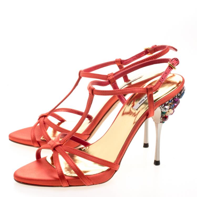 Pre Owned Miu Miu Orange Satin Crystal Embellished Heel T Strap Sandals Size 36.5