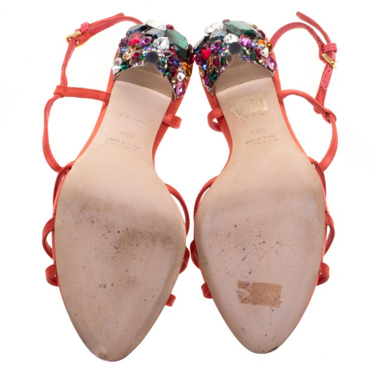 Pre Owned Miu Miu Orange Satin Crystal Embellished Heel T Strap Sandals Size 36.5
