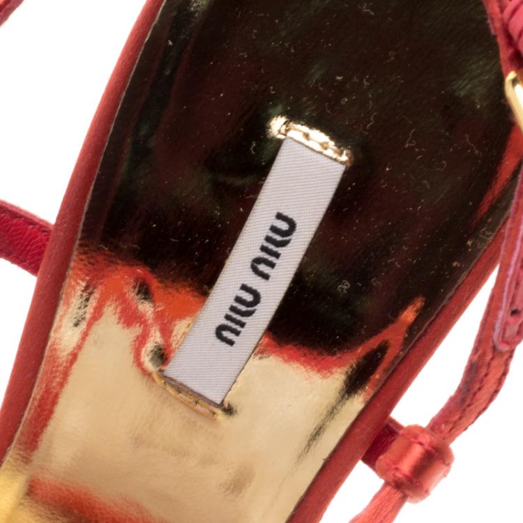 Pre Owned Miu Miu Orange Satin Crystal Embellished Heel T Strap Sandals Size 36.5