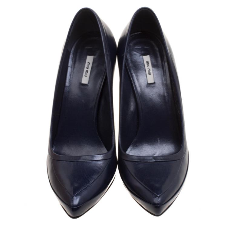 Pre Owned Miu Miu Navy Blue Leather Tiered Wedge Pumps Size 35
