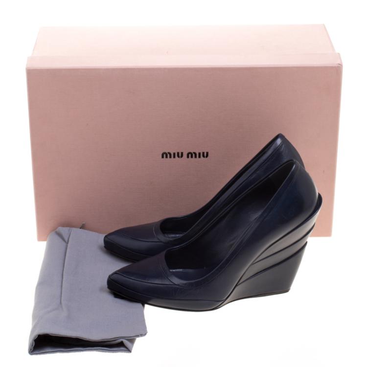 Pre Owned Miu Miu Navy Blue Leather Tiered Wedge Pumps Size 35