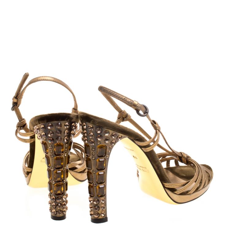Pre Owned Miu Miu Metallic Bronze Leather Crystal Embellished Heel Strappy Sandals Size 39