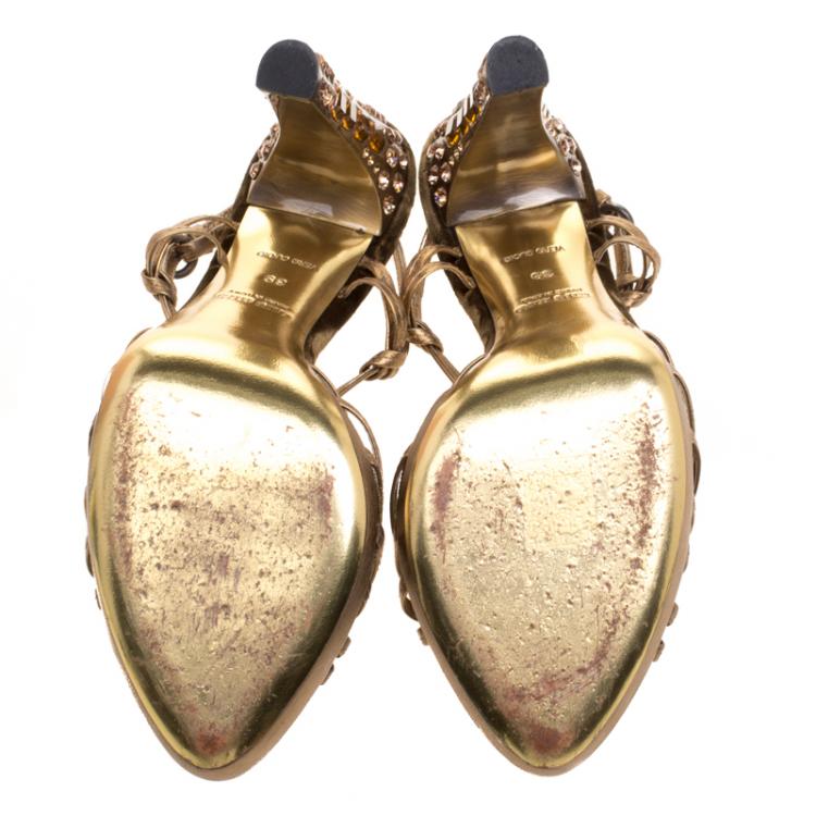 Pre Owned Miu Miu Metallic Bronze Leather Crystal Embellished Heel Strappy Sandals Size 39