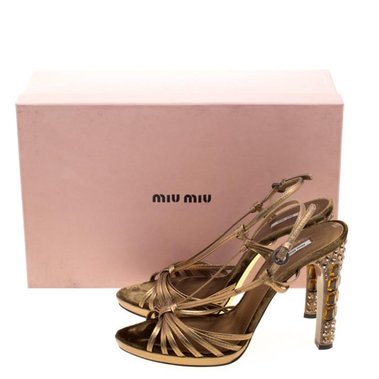 Pre Owned Miu Miu Metallic Bronze Leather Crystal Embellished Heel Strappy Sandals Size 39