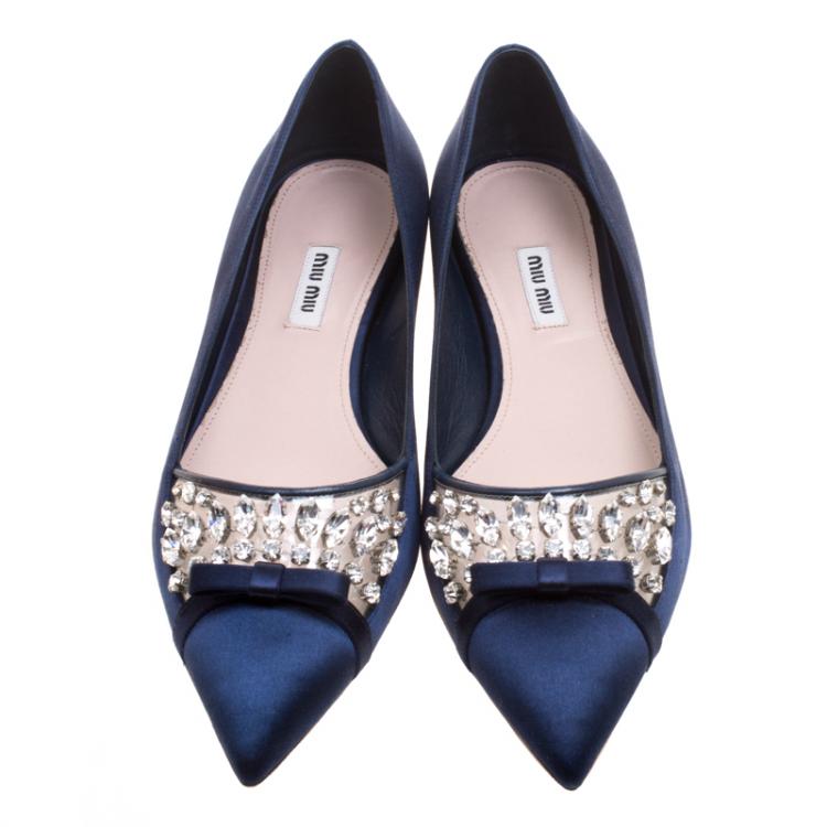 Pre Owned Miu Miu Blue Satin Jeweled Pointed Toe Ballet Flats Size 40.5