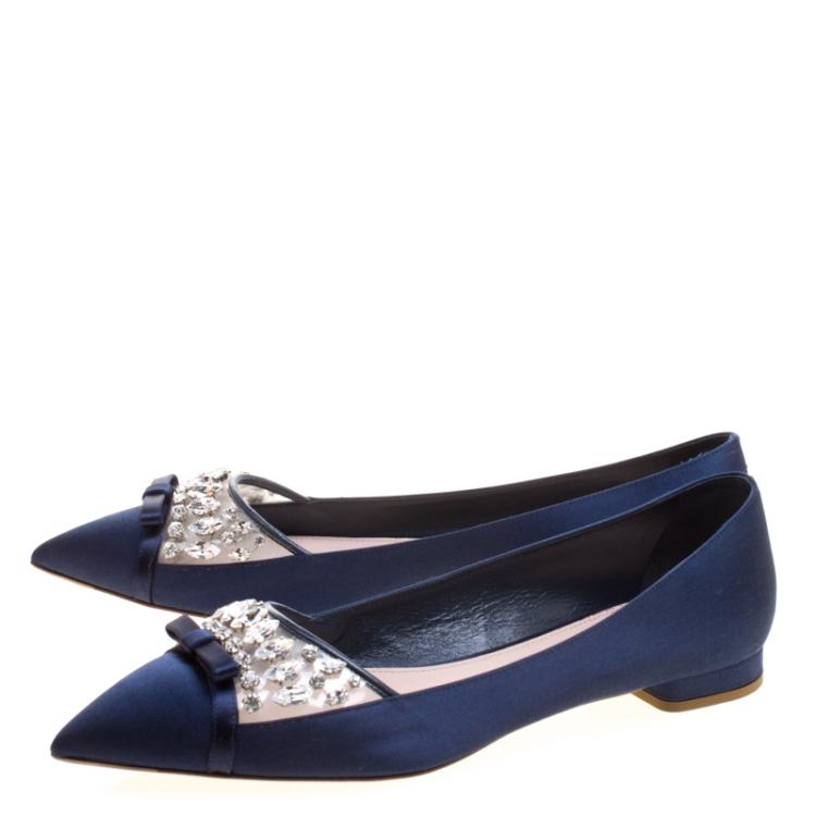 Pre Owned Miu Miu Blue Satin Jeweled Pointed Toe Ballet Flats Size 40.5