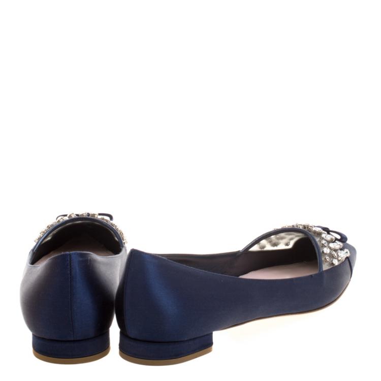 Pre Owned Miu Miu Blue Satin Jeweled Pointed Toe Ballet Flats Size 40.5