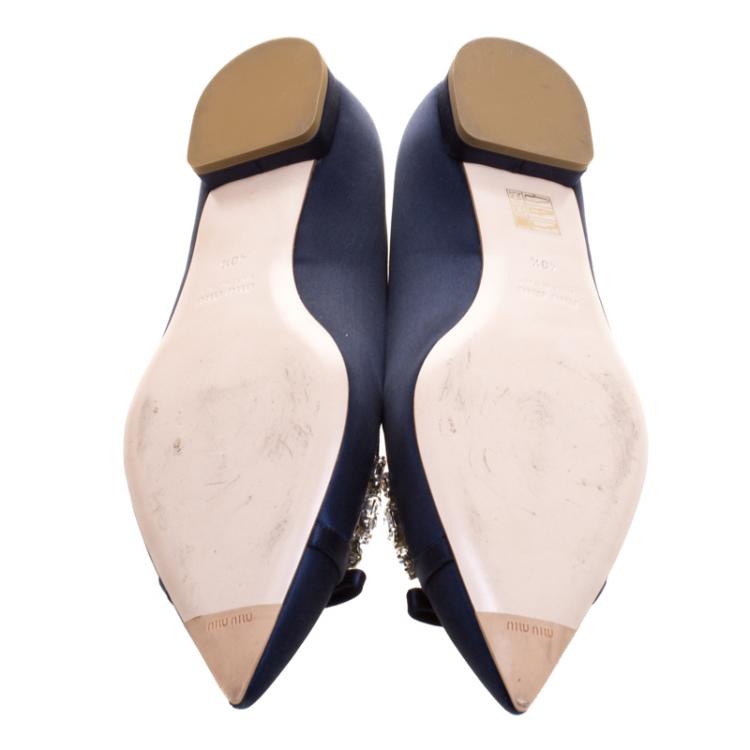 Pre Owned Miu Miu Blue Satin Jeweled Pointed Toe Ballet Flats Size 40.5